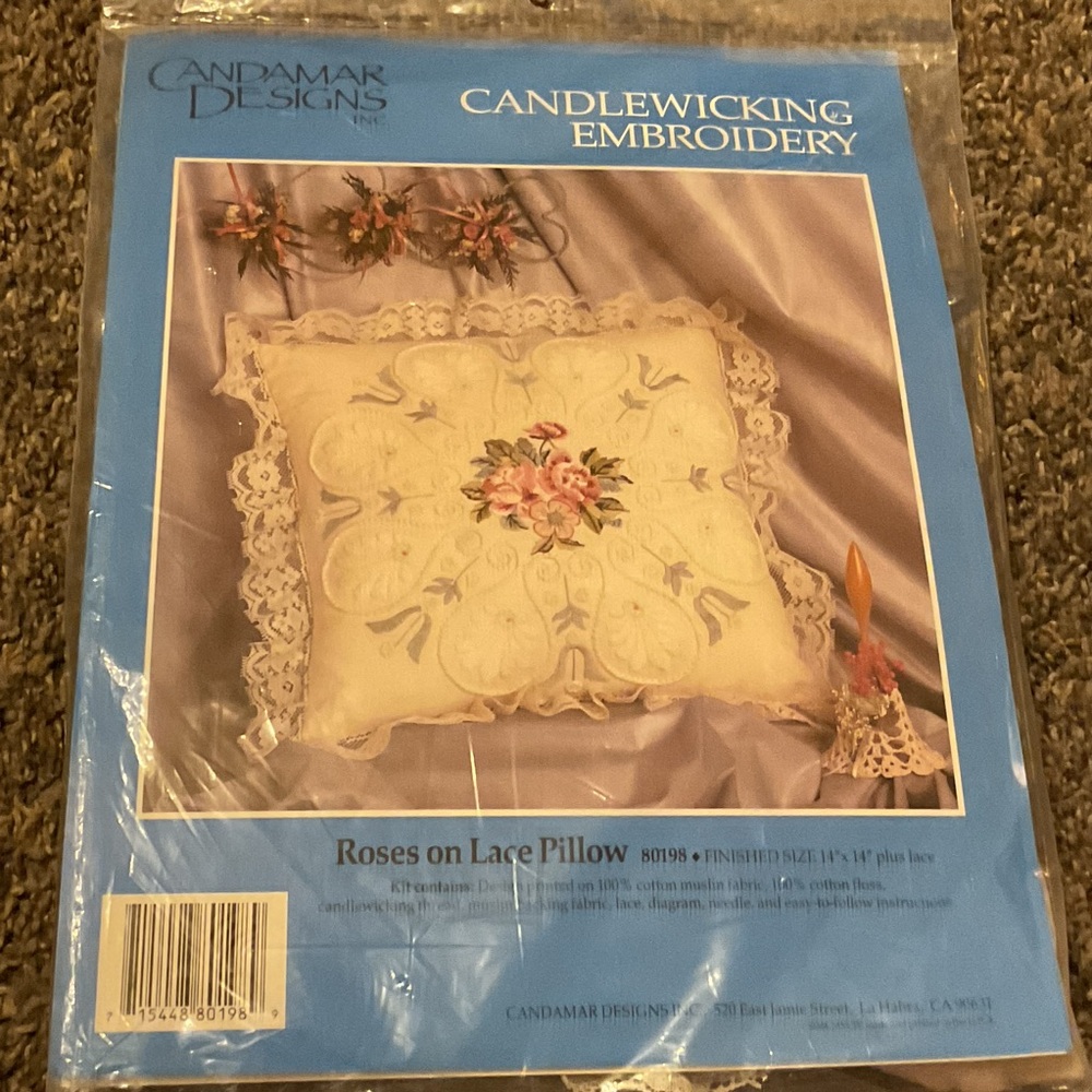 Candamar Designs Roses on Lace Candlewicking Pillow - Cream with Pink Roses